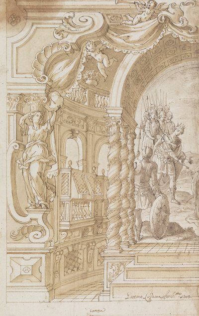 Design for an Illusionistic Wall Decoration, with a King Accompanied by Soldiers (Esther and Ahasverus) by Gaetano Lazzara